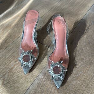 Clear sling back heels, size 7 (fit like a 6), rhinestone embellishment